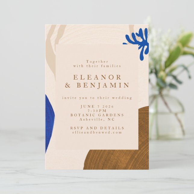Modern Abstract Shapes Sand Blue Wedding Invitation (Standing Front)