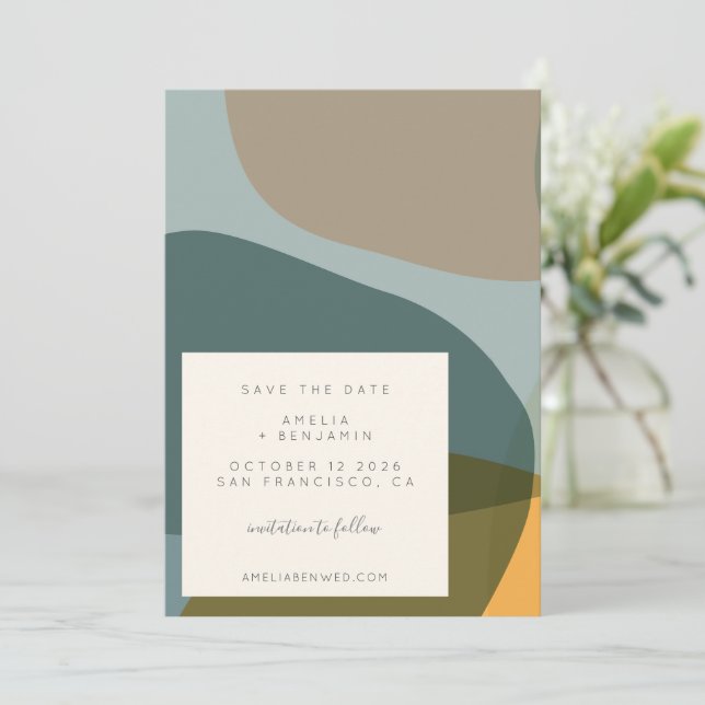 Modern Abstract Shapes Teal Taupe  Save The Date (Standing Front)
