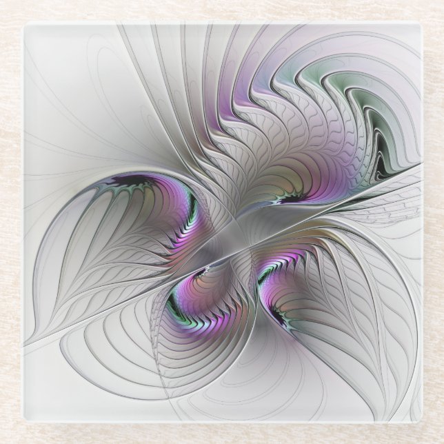 Modern Abstract Shy Fantasy Figure Fractal Art Glass Coaster (Front)