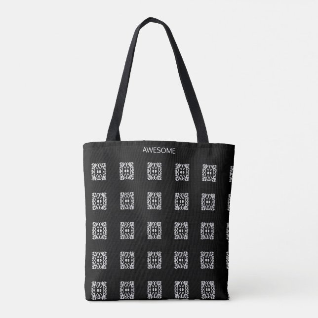 Modern abstract silver square pattern on black tote bag (Back)