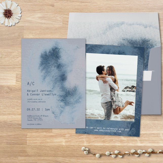 Modern Abstract Slate Blue Grey Mist Watercolor Invitation (Creator Uploaded)