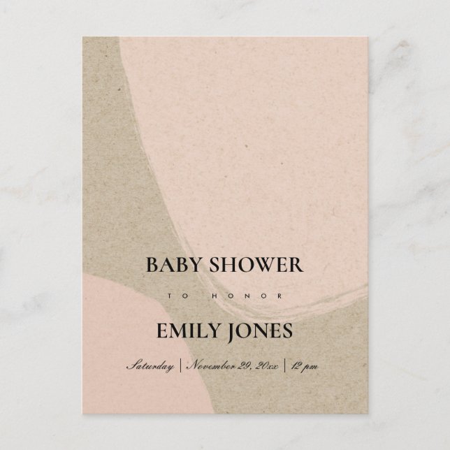 MODERN ABSTRACT SOFT BLUSH PINK KRAFT BABY SHOWER INVITATION POSTCARD (Front)