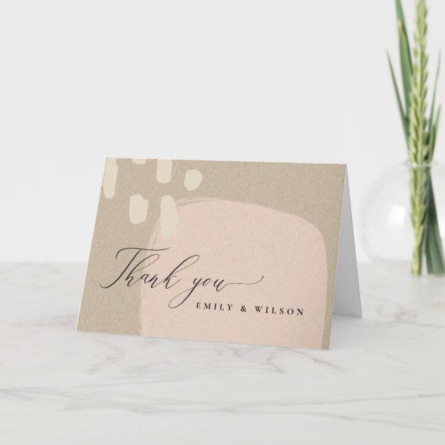 MODERN ABSTRACT SOFT PEACH PINK KRAFT WEDDING THANK YOU CARD (Front)