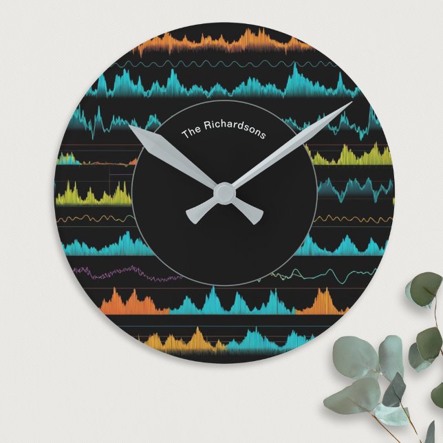 Modern Abstract Sound Wave Pattern Personalised Round Clock (A stylish personalized wall clock, with a pattern like sound waves in blue, green and orange)