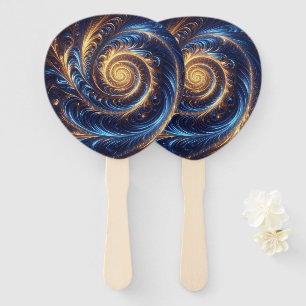 Modern Abstract Space Royal Blue and Gold Swirls Hand Fan