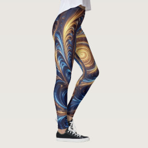 Modern Abstract Space Royal Blue and Gold Swirls Leggings