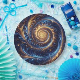 Modern Abstract Space Royal Blue and Gold Swirls  Paper Plate