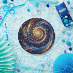 Modern Abstract Space Royal Blue and Gold Swirls  Paper Plate