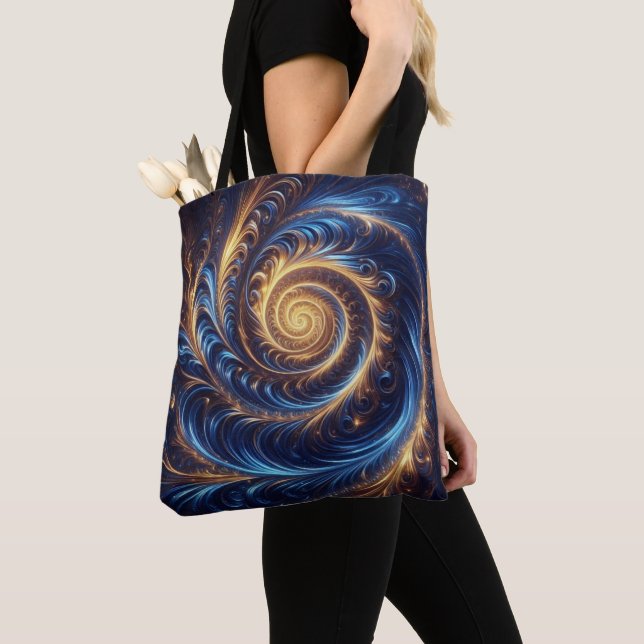 Modern Abstract Space Royal Blue and Gold Swirls  Tote Bag (Close Up)