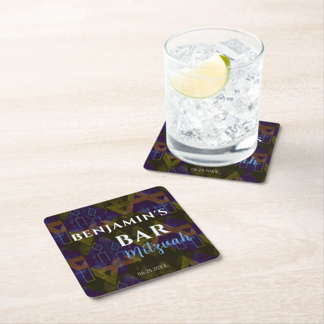 Modern Abstract Star of David Blue Bar Mitzvah  Square Paper Coaster (Insitu)