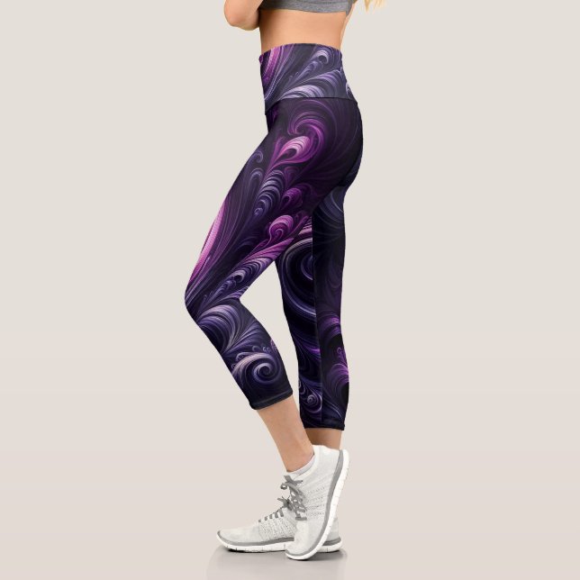 Modern Abstract Swirling Dark Purple  Capri Leggings (Left)