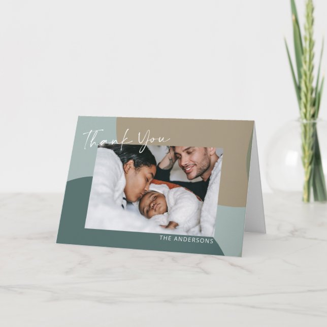 Modern Abstract Taupe and Teal Photo Baby  Thank You Card (Front)
