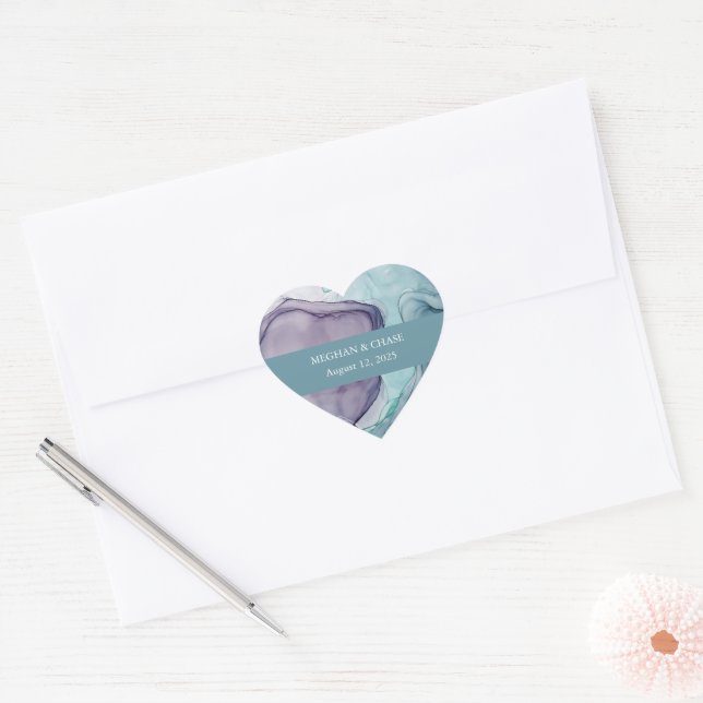 Modern Abstract Teal Alcohol Ink Wedding Heart Sticker (Envelope)