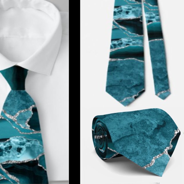 Modern Abstract Teal Blue Agate Formal Silver Tie (Creator Uploaded)