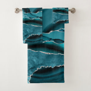 Modern Abstract Teal Blue Agate Silver Glitter  Bath Towel Set