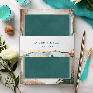 Modern Abstract Teal Copper & Gold Fall Wedding Invitation Belly Band
