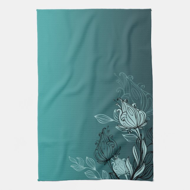 Modern Abstract Teal Floral Tea Towel (Vertical)
