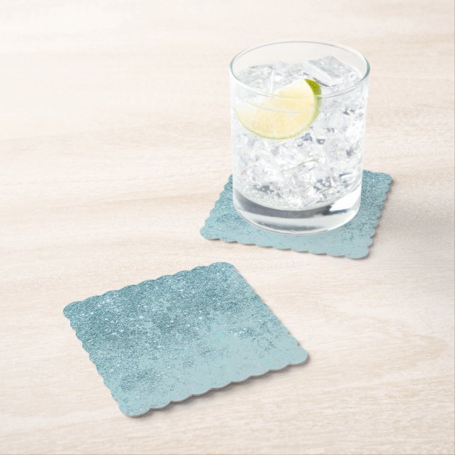 Modern abstract teal glitter blush tones marble paper coaster (Insitu)