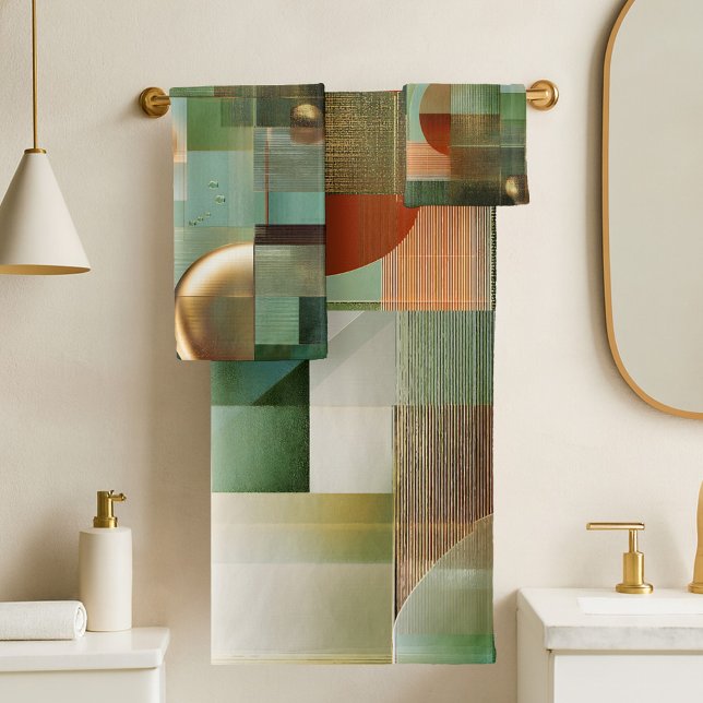 Modern Abstract Teal Green Gold Pattern Bath Towel Set (Bath towel set featuring a modern abstract design in green, teal and gold)