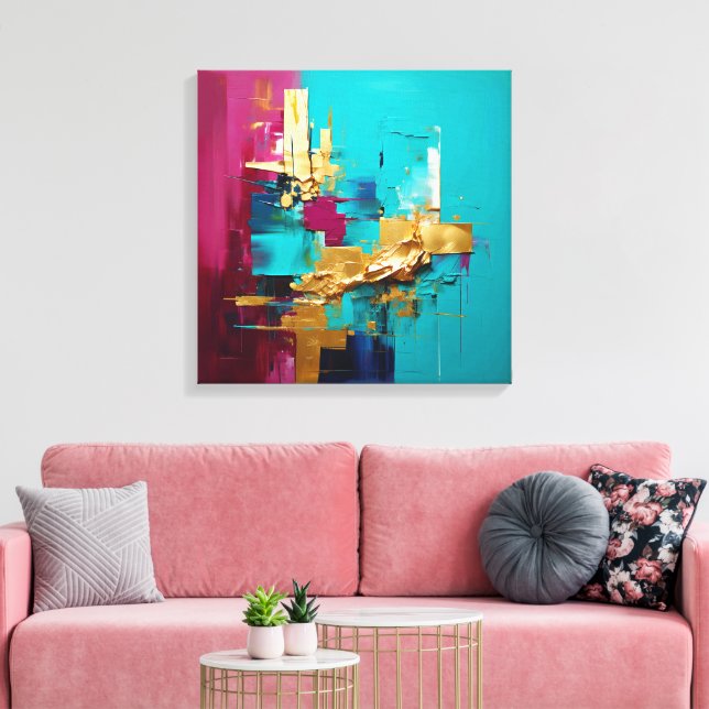 Modern Abstract Teal, Magneta and Gold Swirl  Canvas Print (Insitu(LivingRoom))