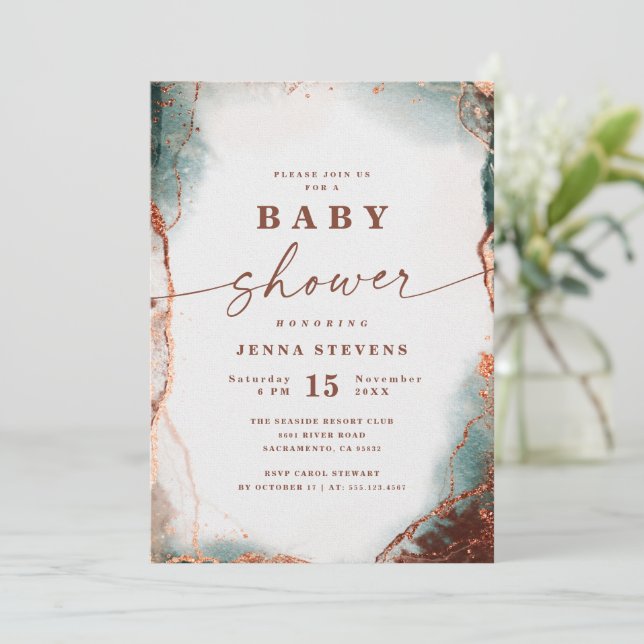 Modern Abstract Terra Cotta Baby Shower Invitation (Standing Front)
