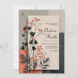 Modern Abstract Terracotta Black Botanical Wedding Invitation