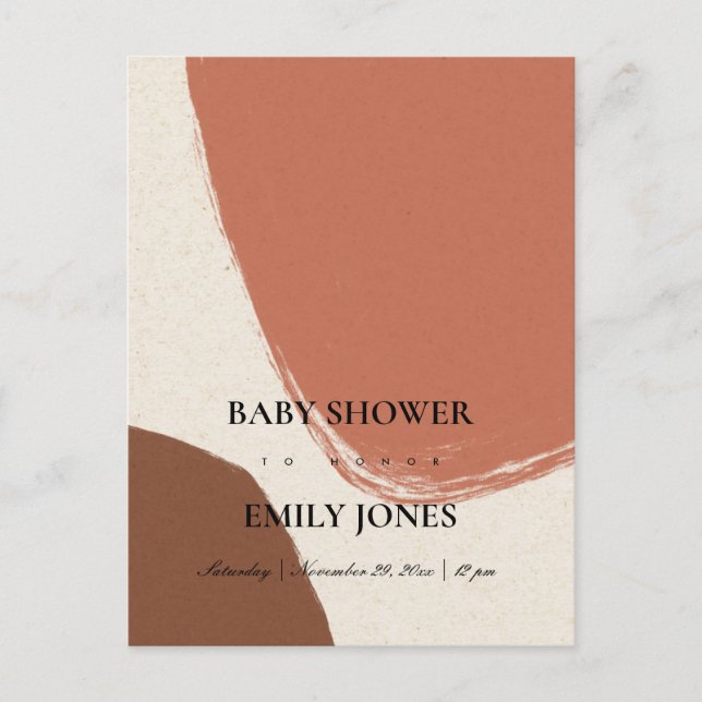MODERN ABSTRACT TERRACOTTA RED KRAFT BABY SHOWER INVITATION POSTCARD (Front)