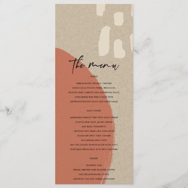 MODERN ABSTRACT TERRACOTTA RED KRAFT WEDDING MENU (Front)