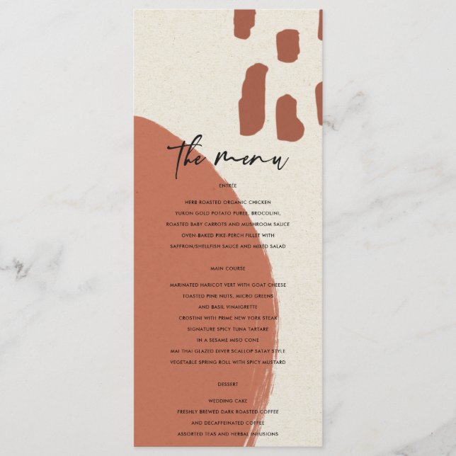 MODERN ABSTRACT TERRACOTTA RED KRAFT WEDDING MENU (Front)