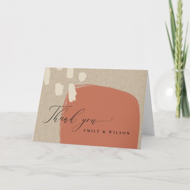 MODERN ABSTRACT TERRACOTTA RED KRAFT WEDDING THANK THANK YOU CARD (Front)