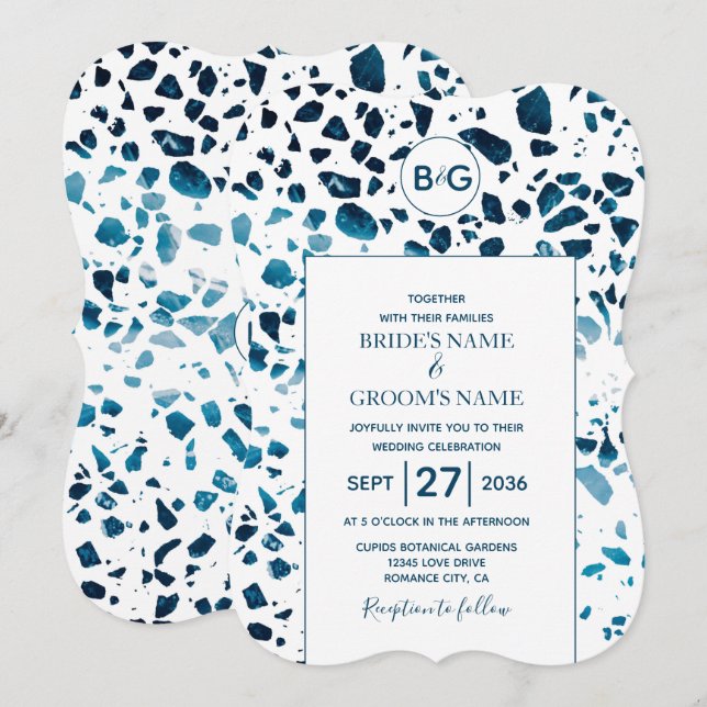 Modern Abstract Terrazzo Mosaic Blue Wedding Invit Invitation (Front/Back)
