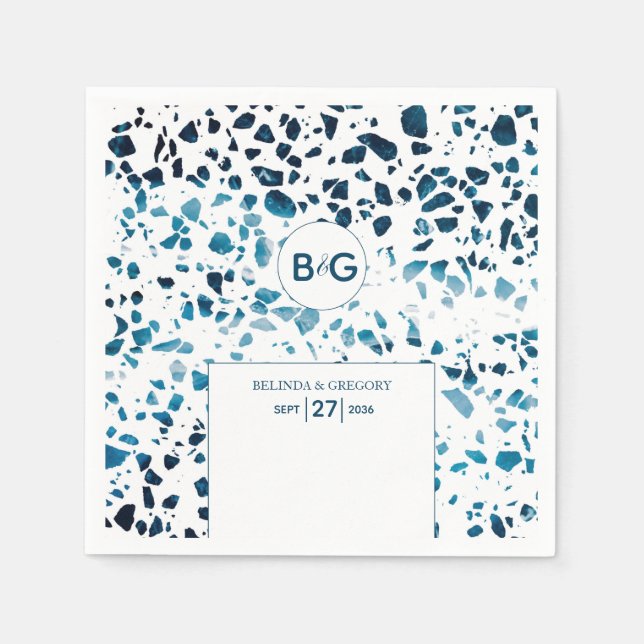 Modern Abstract Terrazzo Mosaic Blue Wedding Napkin (Front)
