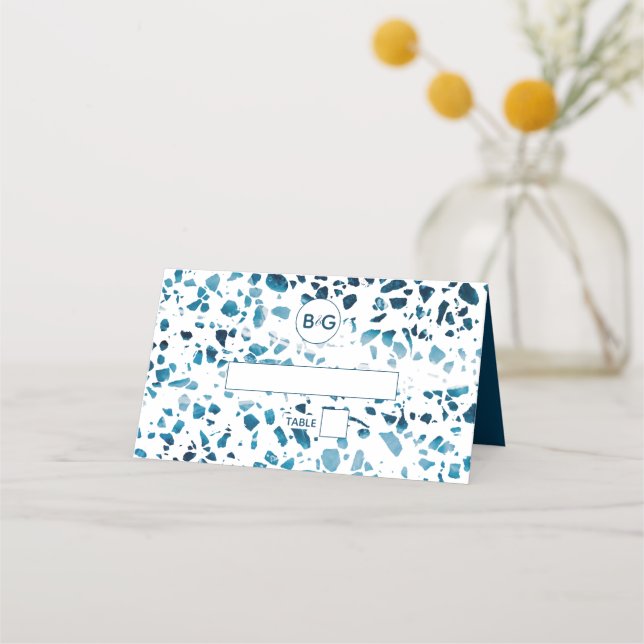 Modern Abstract Terrazzo Mosaic Blue Wedding Place Card (Front)