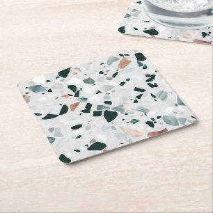 Modern Abstract Terrazzo Pattern Square Paper Coaster
