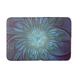 Modern Abstract Trendy Blue Flower Fractal Art Bath Mat