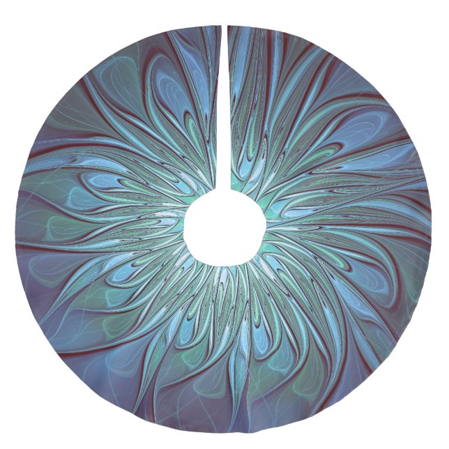 Modern Abstract Trendy Blue Flower Fractal Art Brushed Polyester Tree Skirt (Front)