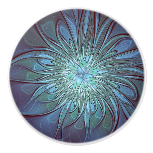 Modern Abstract Trendy Blue Flower Fractal Art Ceramic Knob (Front)