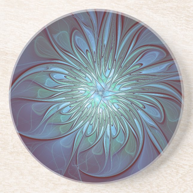Modern Abstract Trendy Blue Flower Fractal Art Coaster (Front)