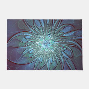 Modern Abstract Trendy Blue Flower Fractal Art Doormat