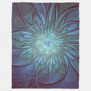 Modern Abstract Trendy Blue Flower Fractal Art Fleece Blanket