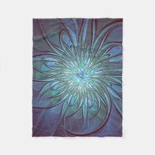 Modern Abstract Trendy Blue Flower Fractal Art Fleece Blanket