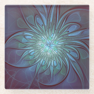Modern Abstract Trendy Blue Flower Fractal Art Glass Coaster