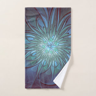 Modern Abstract Trendy Blue Flower Fractal Art Hand Towel