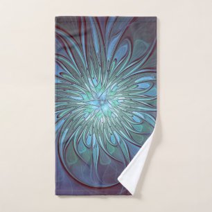 Modern Abstract Trendy Blue Flower Fractal Art Hand Towel