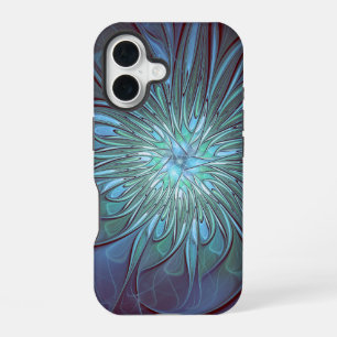 Modern Abstract Trendy Blue Flower Fractal Art iPhone 16 Case