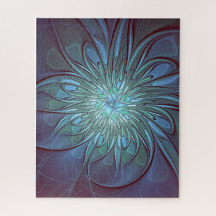Modern Abstract Trendy Blue Flower Fractal Art Jigsaw Puzzle
