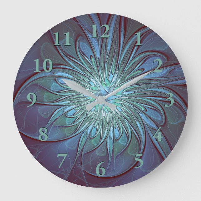 Modern Abstract Trendy Blue Flower Fractal Art Large Clock (Front)