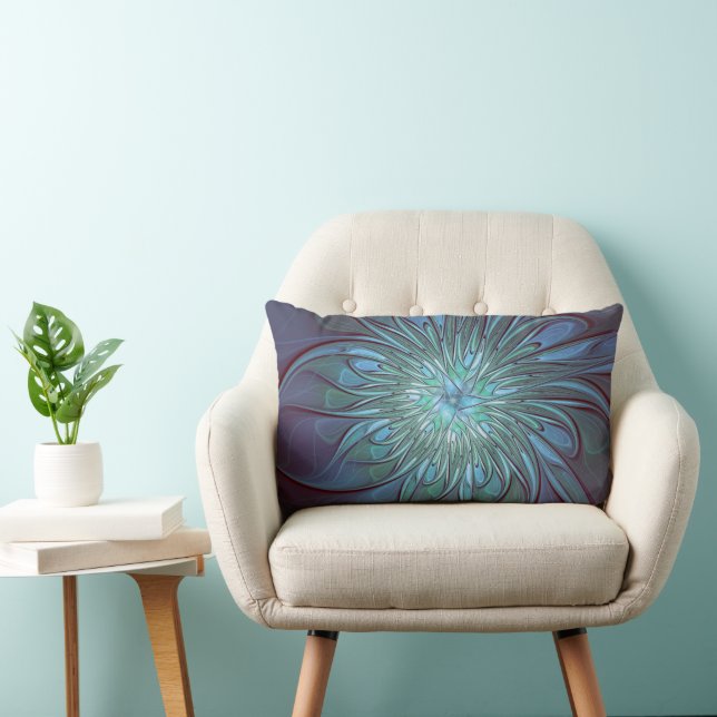 Modern Abstract Trendy Blue Flower Fractal Art Lumbar Cushion (Chair)