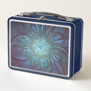 Modern Abstract Trendy Blue Flower Fractal Art Metal Lunch Box