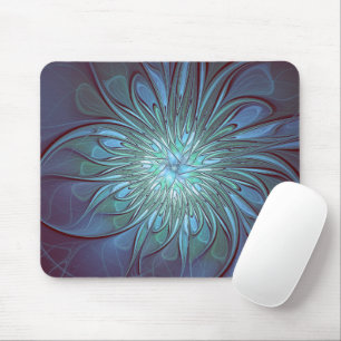 Modern Abstract Trendy Blue Flower Fractal Art Mouse Mat